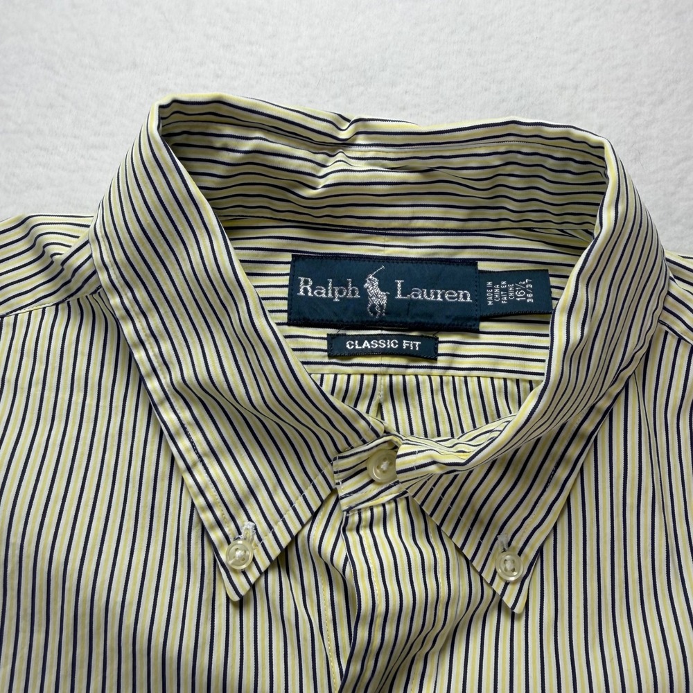 Ralph Lauren Classic Fit Striped Button Down Shirt Yellow Navy Blue Mens 16.5 - Picture 2 of 9